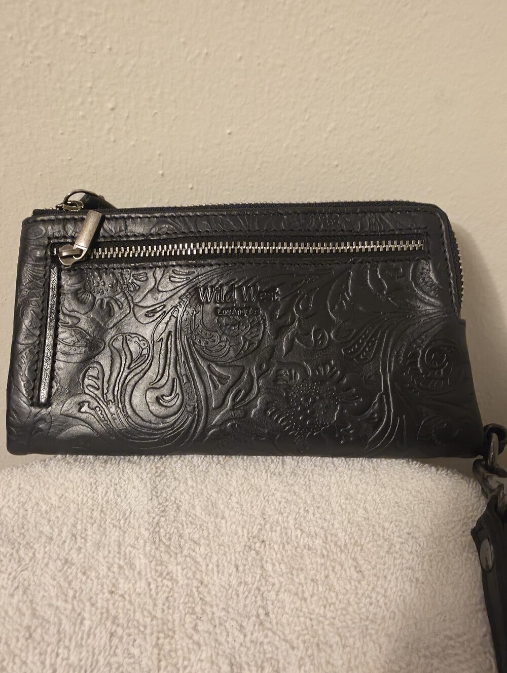 Wild West Los Angeles Black Tooled Floral Wristlet Wallet